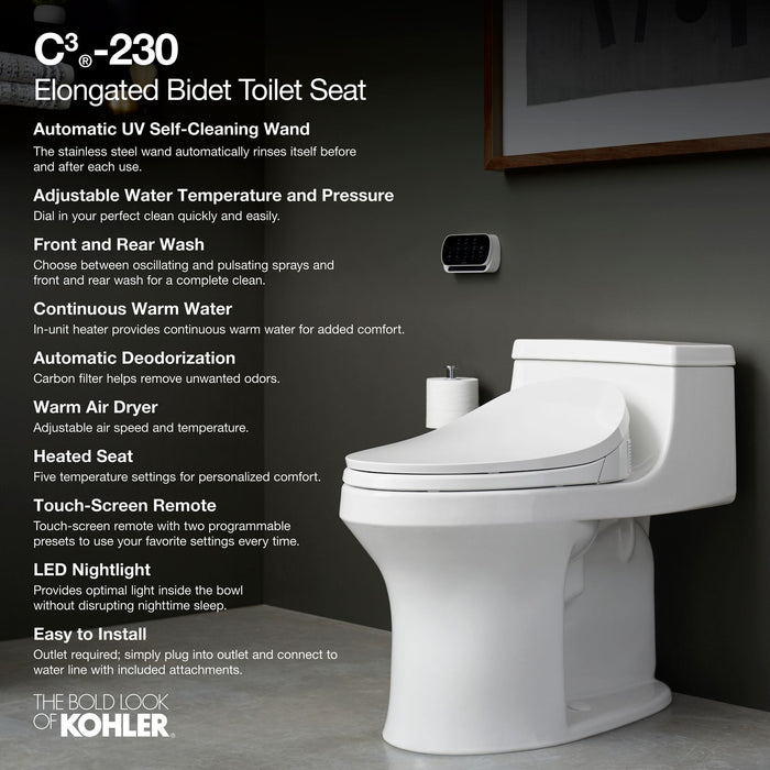 KOHLER K-4108 PureWash Elongated bidet toilet seat with remote control