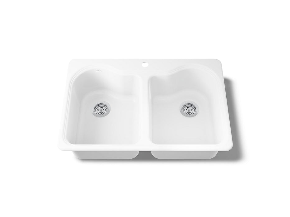 KOHLER K-5818-1 Hartland 33" top-mount double-bowl kitchen sink, white