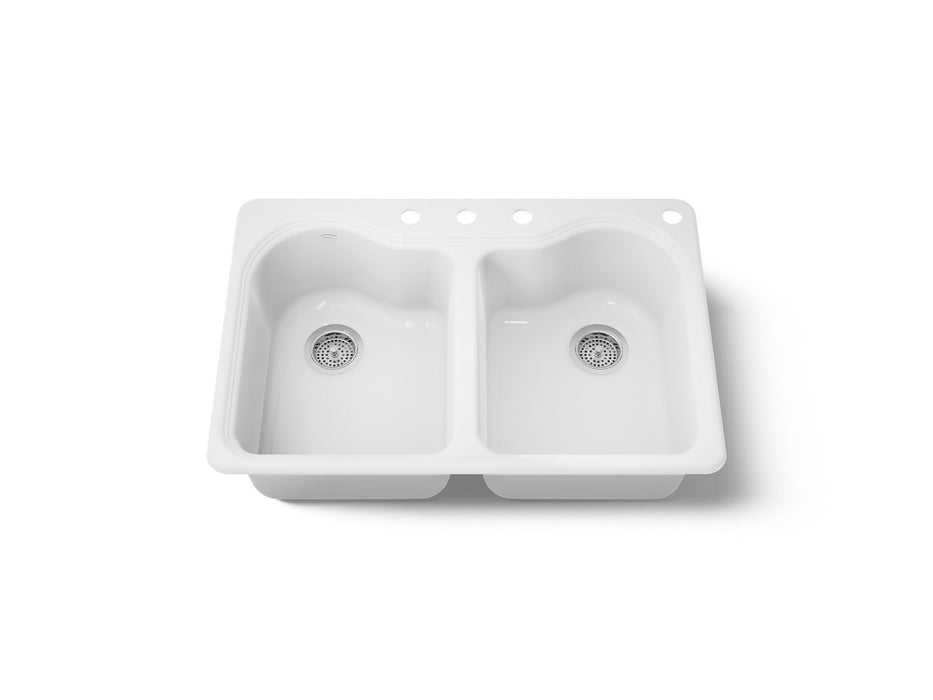 KOHLER K-5818-4 Hartland 33" top-mount double-bowl kitchen sink, white
