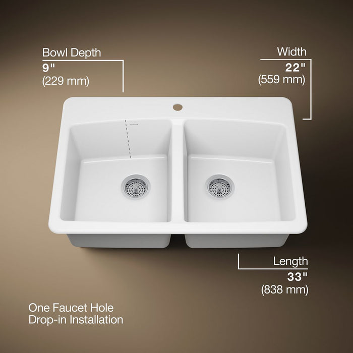 KOHLER K-5846-1 Brookfield 33" top-mount double-bowl kitchen sink, white - view 5