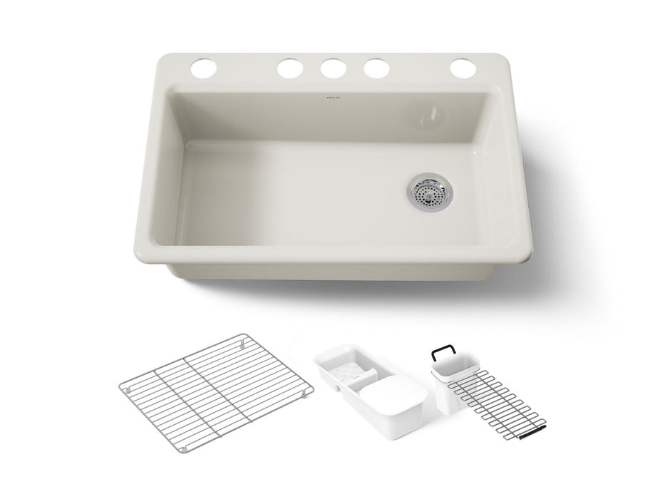 KOHLER K-5871-5UA3 Riverby 33" undermount single-bowl workstation kitchen sink, biscuit