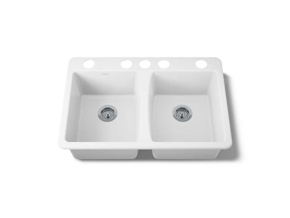 KOHLER K-5873-5U Deerfield 33" undermount double-bowl kitchen sink, white