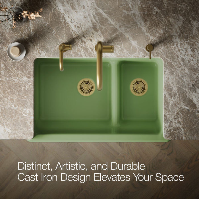 KOHLER K-6426 Whitehaven Smart Divide 35-1/2" undermount double-bowl farmhouse kitchen sink with short apron, fresh green...