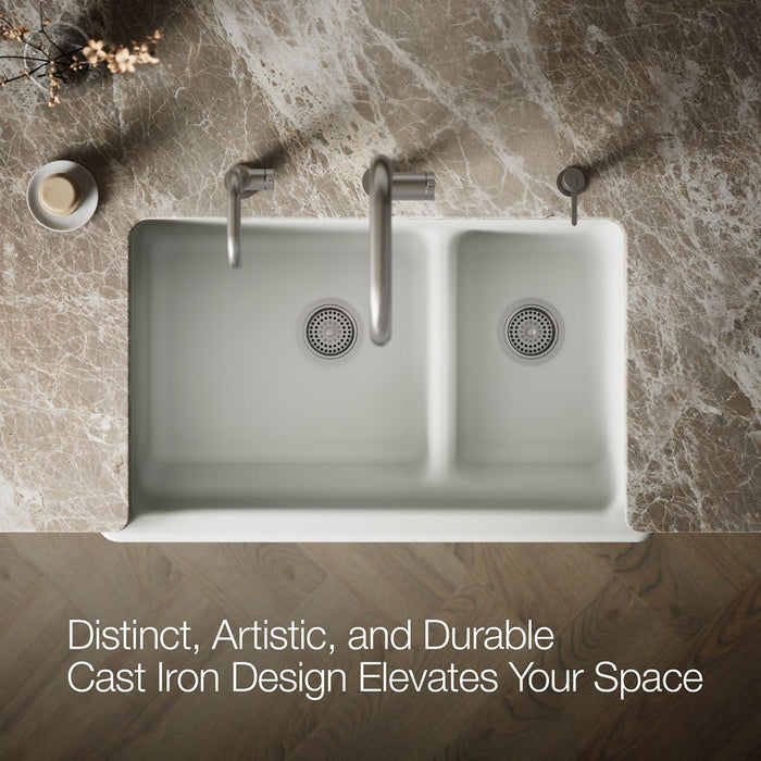 KOHLER K-6426 Whitehaven Smart Divide 35-1/2" undermount double-bowl farmhouse kitchen sink with short apron
