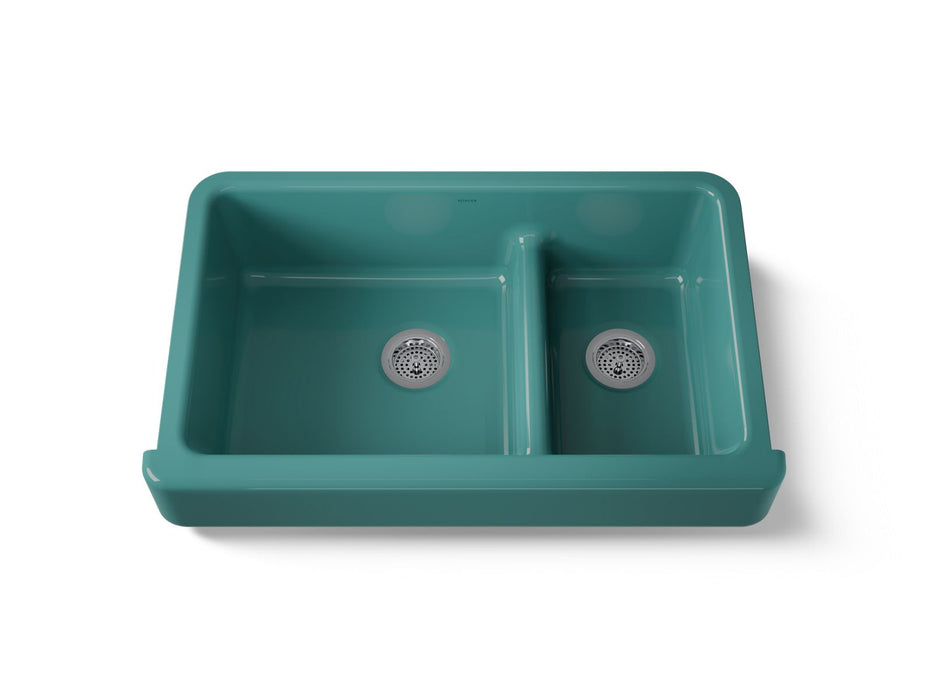 KOHLER Whitehaven Smart Divide 35-1/2" undermount double-bowl farmhouse kitchen sink with short apron
