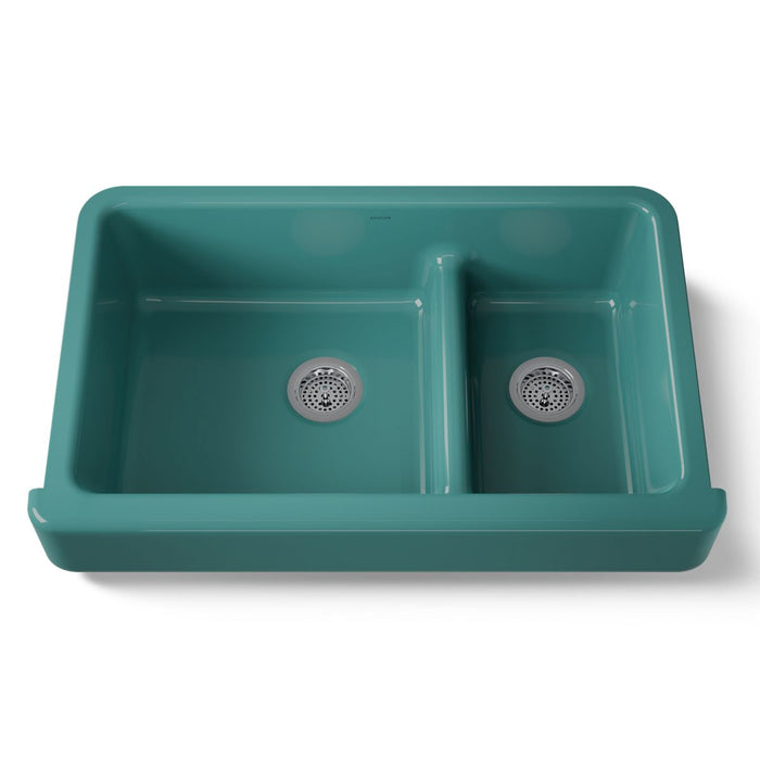 KOHLER Whitehaven Smart Divide 35-1/2" undermount double-bowl farmhouse kitchen sink with short apron