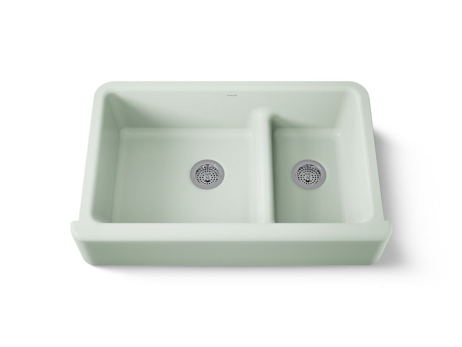 KOHLER K-6427 Whitehaven Smart Divide 35-3/4" undermount double-bowl farmhouse kitchen sink, aspen green