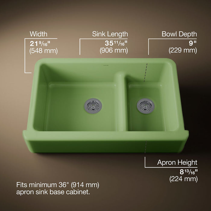 KOHLER K-6427 Whitehaven Smart Divide 35-3/4" undermount double-bowl farmhouse kitchen sink, fresh green - view 5
