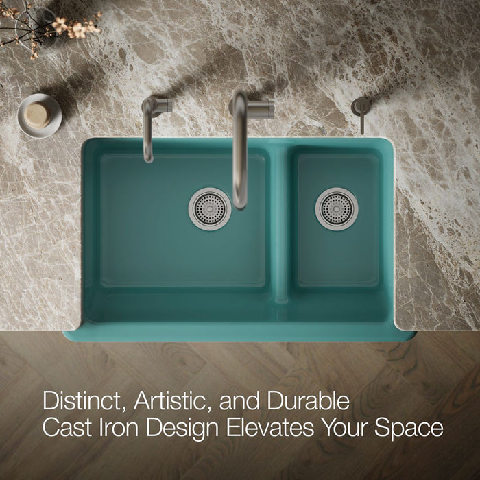 KOHLER K-6427 Whitehaven Smart Divide 35-3/4" undermount double-bowl farmhouse kitchen sink, teal - view 4