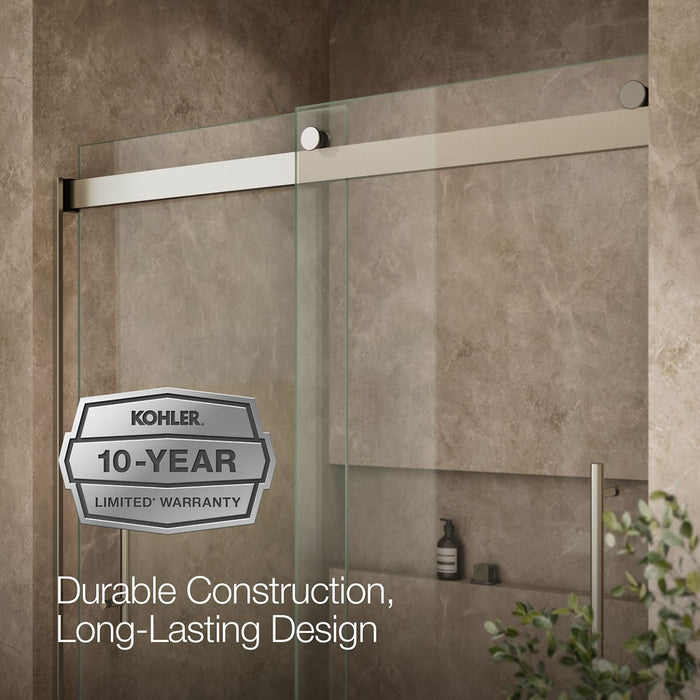 Kohler Levity Frameless sliding bath door, 61-9/16" H x 56-5/8 - 59-5/8" W, with 5/16"-thick Crystal Clear glass