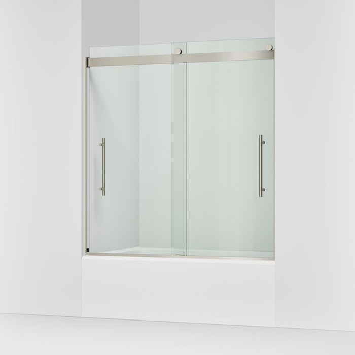Kohler Levity Frameless sliding bath door, 61-9/16" H x 56-5/8 - 59-5/8" W, with 5/16"-thick Crystal Clear glass