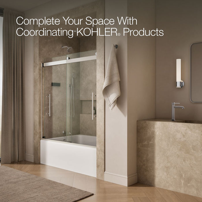 Kohler Levity Frameless sliding bath door, 61-9/16" H x 56-5/8 - 59-5/8" W, with 5/16"-thick Crystal Clear glass