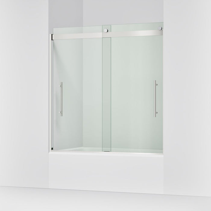 Kohler Levity Frameless sliding bath door, 61-9/16" H x 56-5/8 - 59-5/8" W, with 5/16"-thick Crystal Clear glass