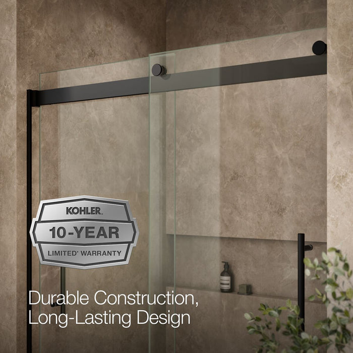 Kohler Levity Frameless sliding bath door, 61-9/16" H x 56-5/8 - 59-5/8" W, with 5/16"-thick Crystal Clear glass