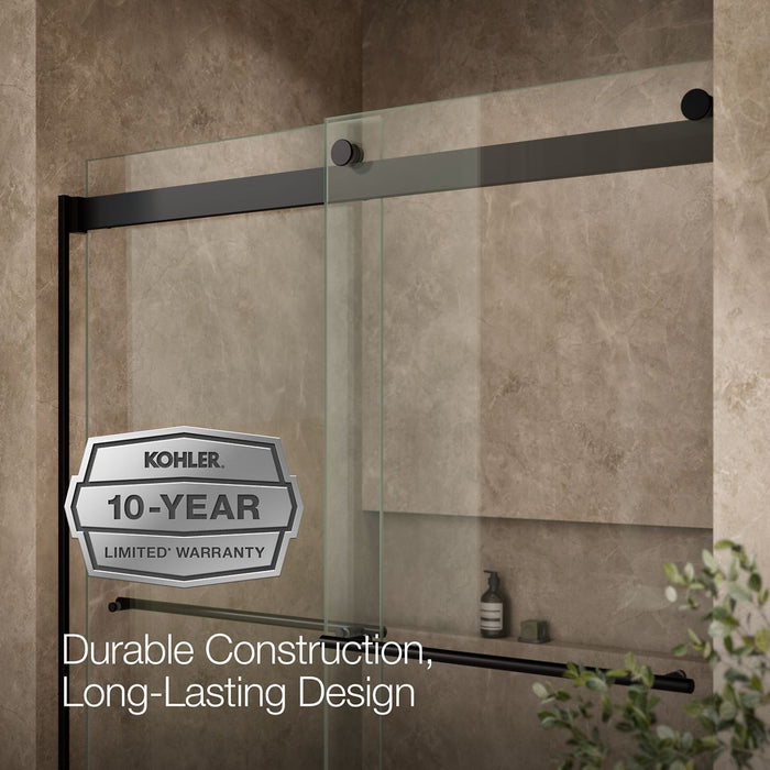 Kohler Levity Frameless sliding bath door, 61-9/16" H x 56-5/8 - 59-5/8" W, with 5/16"-thick Crystal Clear glass