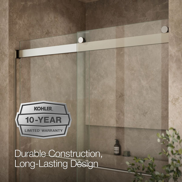 KOHLER K-702424-L Levity Frameless sliding shower door, 77-9/16" H x 56-5/8 - 59-5/8" W, with 5/16"-thick Crystal Clear glass