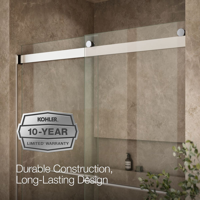 KOHLER K-702424-L Levity Frameless sliding shower door, 77-9/16" H x 56-5/8 - 59-5/8" W, with 5/16"-thick Crystal Clear glass
