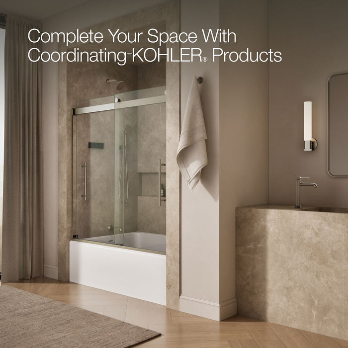 KOHLER K-702425-L Levity Frameless sliding bath door, 61-9/16" H x 56-5/8 - 59-5/8" W, with 3/8"-thick Crystal Clear glass