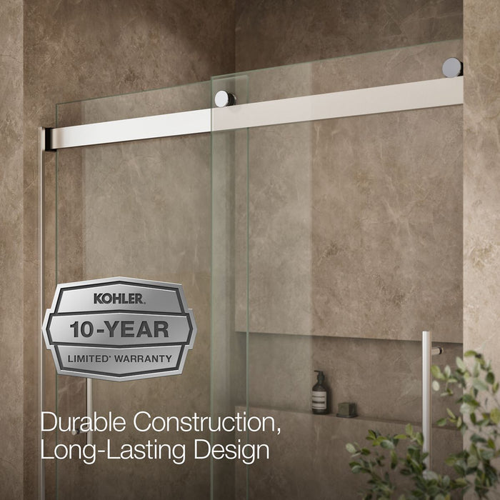 KOHLER K-702425-L Levity Frameless sliding bath door, 61-9/16" H x 56-5/8 - 59-5/8" W, with 3/8"-thick Crystal Clear glass