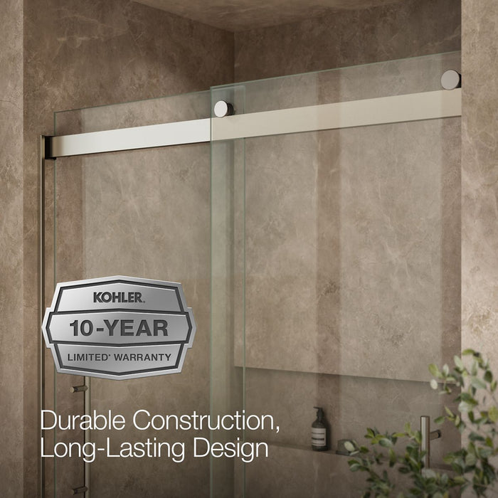 Kohler Levity Frameless sliding shower door, 81-5/8" H x 56-5/8 - 59-5/8" W, with 3/8"-thick Crystal Clear glass