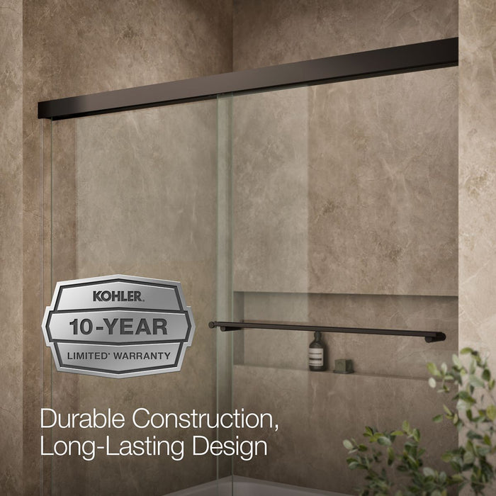 KOHLER K-707000-L Revel Sliding bath door, 55-1/2" H x 56-5/8 - 59-5/8" W, with 1/4" thick Crystal Clear glass