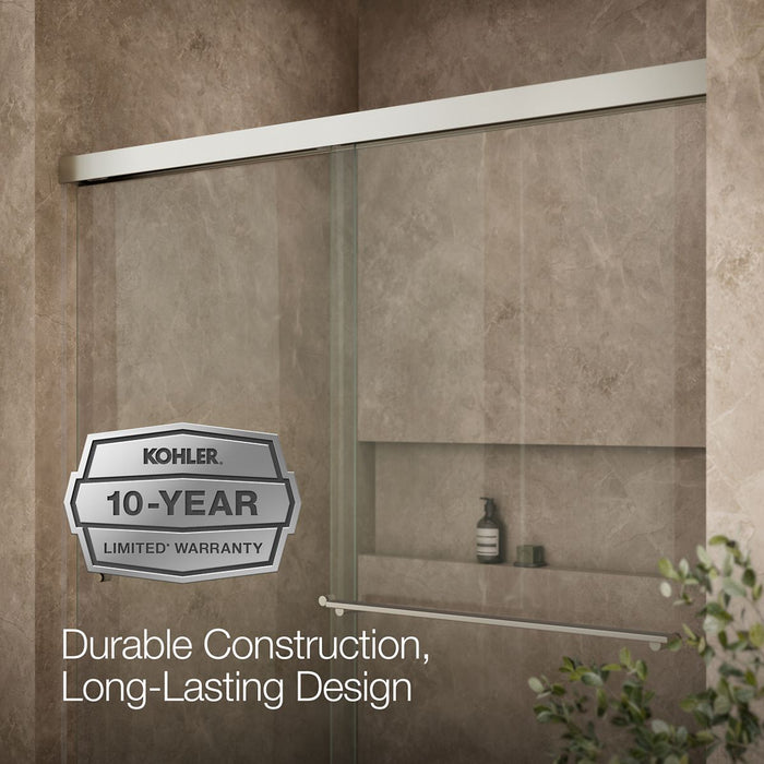 Kohler Revel Sliding shower door, 70" H x 56-5/8 - 59-5/8" W, with 5/16" thick Crystal Clear glass