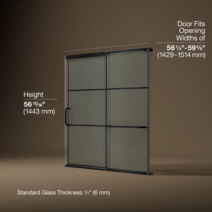 KOHLER K-707609-6G80 Elate Sliding bath door, 56-3/4" H x 56-1/4 - 59-5/8" W, with 1/4" thick Frosted glass with rectang