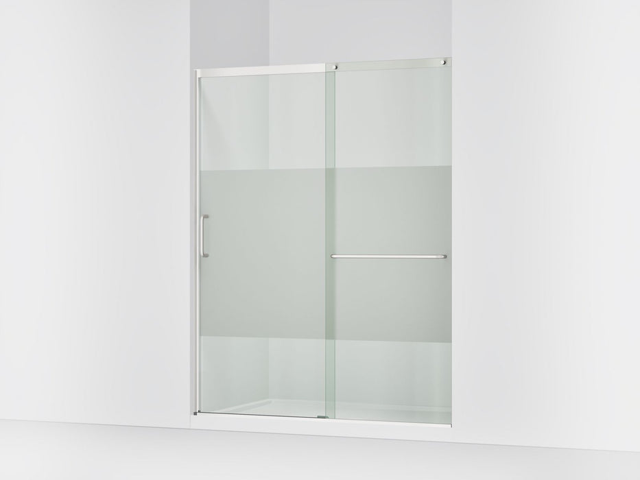 Kohler Elate Sliding shower door, 75-1/2" H x 62-1/4 - 65-5/8" W with heavy 5/16" thick Crystal Clear glass with privacy band