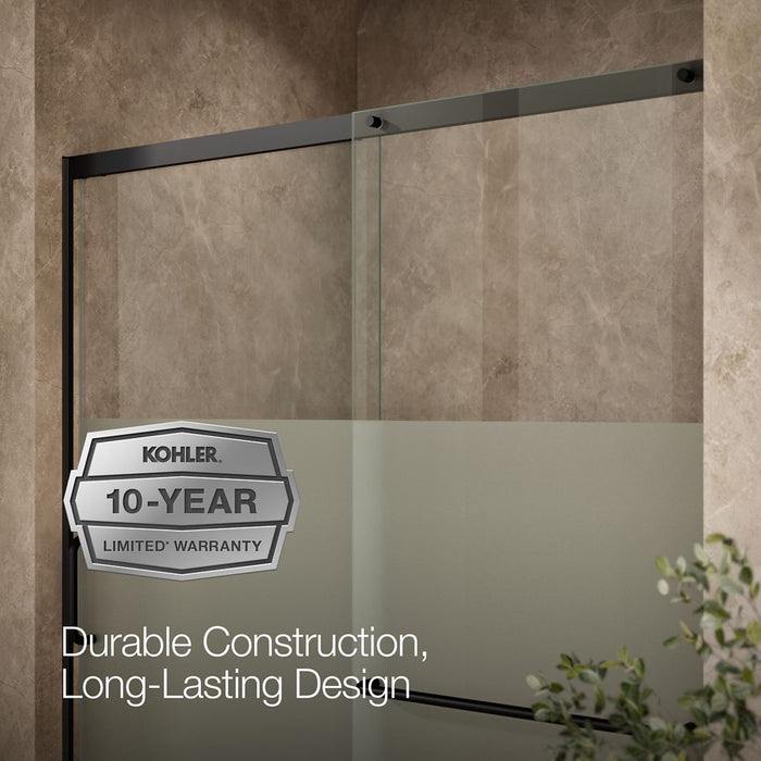 Kohler Elate Sliding shower door, 75-1/2" H x 62-1/4 - 65-5/8" W with heavy 5/16" thick Crystal Clear glass with privacy band