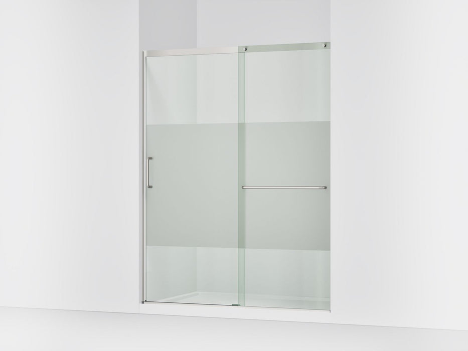 Kohler Elate Sliding shower door, 75-1/2" H x 62-1/4 - 65-5/8" W with heavy 5/16" thick Crystal Clear glass with privacy band