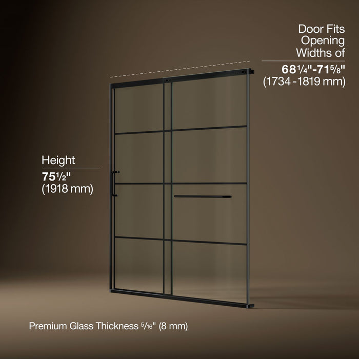 KOHLER K-707617-8G79 Elate Sliding shower door, 75-1/2" H x 68-1/4 - 71-5/8" W, with heavy 5/16" thick Crystal Clear gla