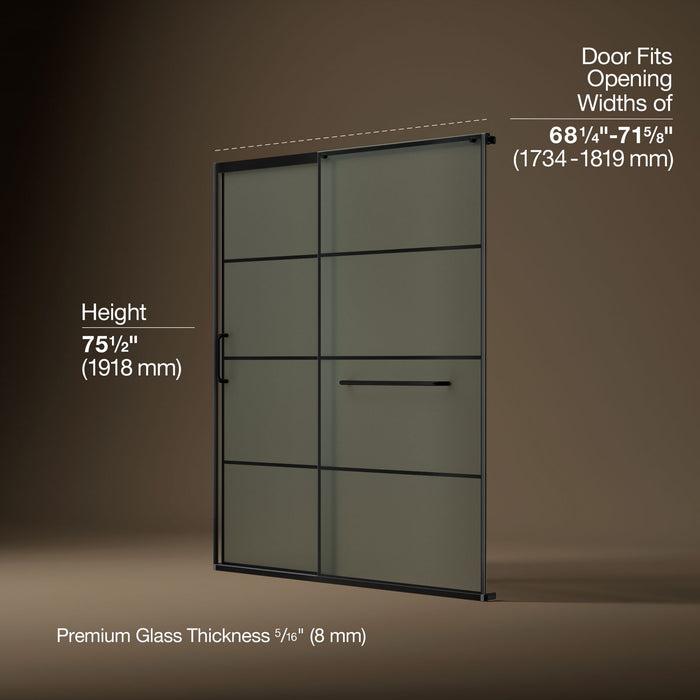 KOHLER K-707617-8G80 Elate Sliding shower door, 75-1/2" H x 68-1/4 - 71-5/8" W, with heavy 5/16" thick Frosted glass wit