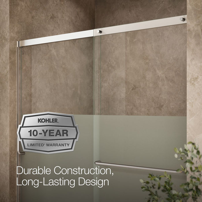 KOHLER K-707618-8G81 Elate Sliding bath door, 56-3/4" H x 56-1/4 - 59-5/8" W with heavy 5/16" thick Crystal Clear glass with privacy band