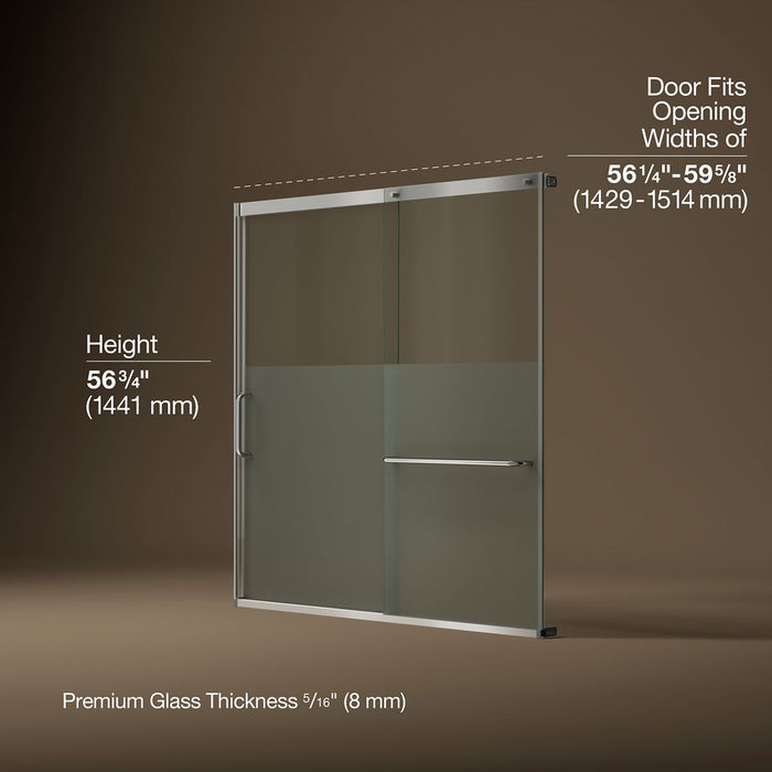 KOHLER K-707618-8G81 Elate Sliding bath door, 56-3/4" H x 56-1/4 - 59-5/8" W with heavy 5/16" thick Crystal Clear glass with privacy band