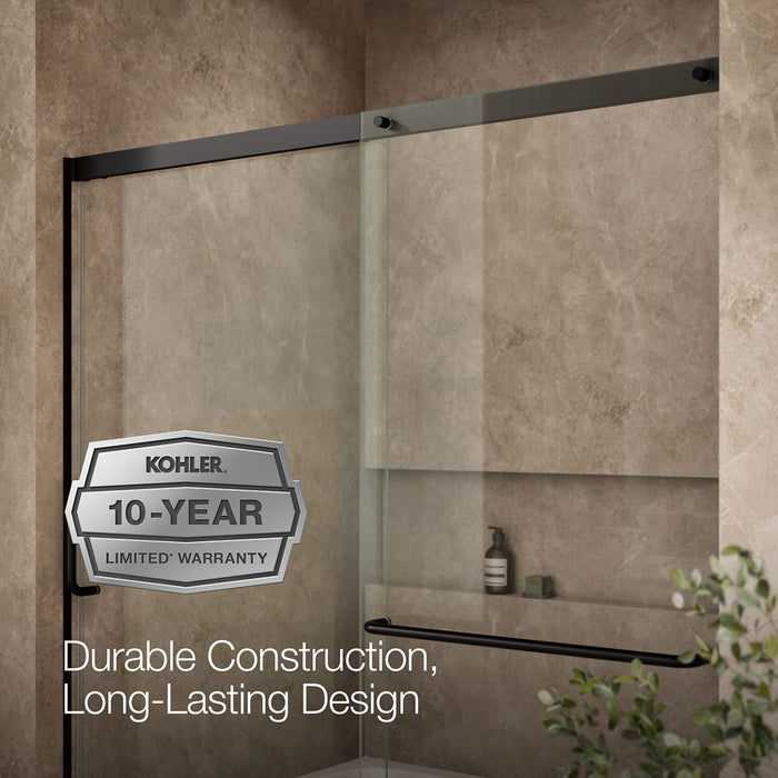 Kohler Elate Sliding bath door, 56-3/4" H x 56-1/4 - 59-5/8" W with heavy 5/16" thick Crystal Clear glass