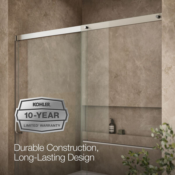Kohler Elate Sliding bath door, 56-3/4" H x 56-1/4 - 59-5/8" W with heavy 5/16" thick Crystal Clear glass