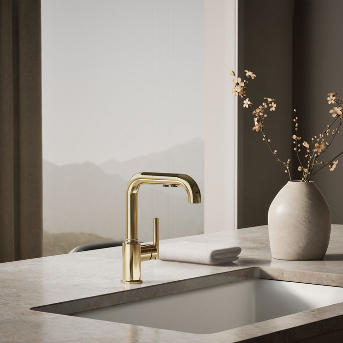 KOHLER Purist Pull-out kitchen sink faucet with three-function sprayhead