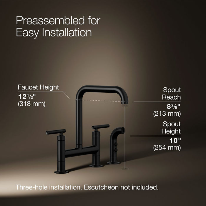 KOHLER K-7548-4 Purist Two-hole bridge kitchen sink faucet with side sprayer