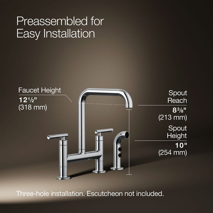 KOHLER K-7548-4 Purist Two-hole bridge kitchen sink faucet with side sprayer