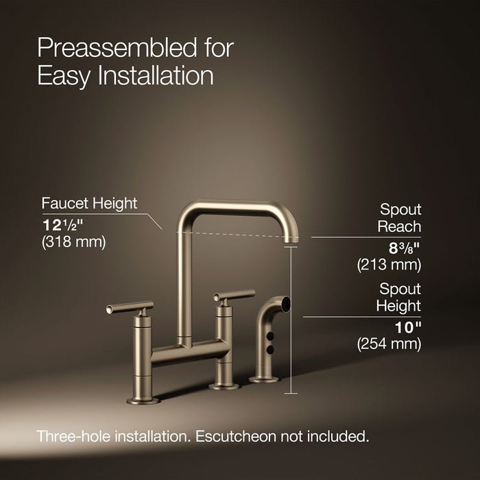 KOHLER K-7548-4 Purist Two-hole bridge kitchen sink faucet with side sprayer