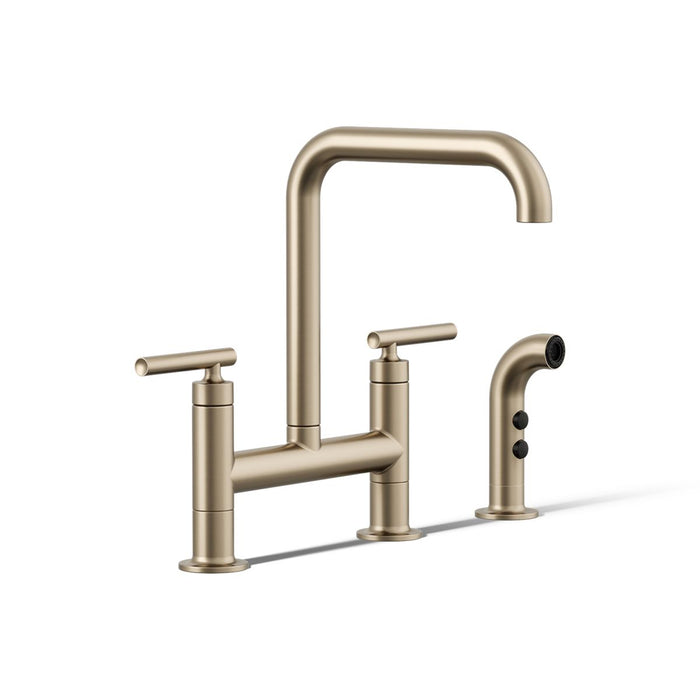 KOHLER K-7548-4 Purist Two-hole bridge kitchen sink faucet with side sprayer
