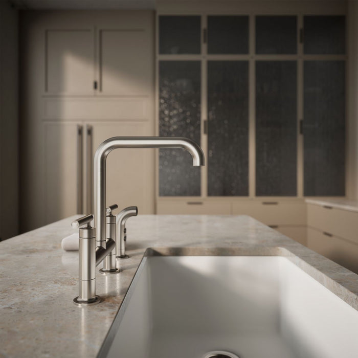 KOHLER K-7548-4 Purist Two-hole bridge kitchen sink faucet with side sprayer