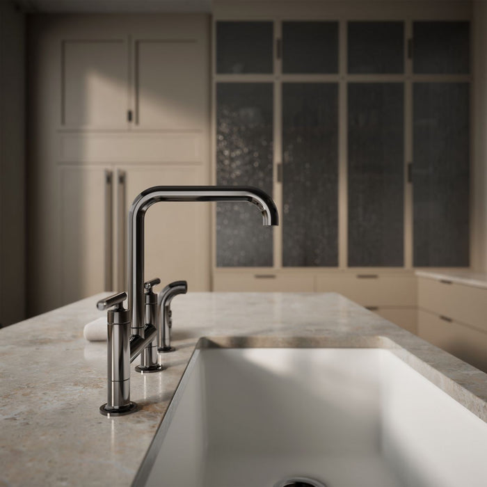 KOHLER K-7548-4 Purist Two-hole bridge kitchen sink faucet with side sprayer