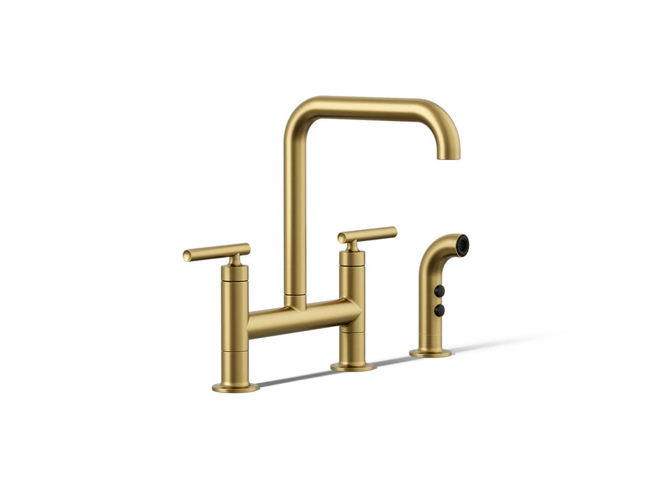 KOHLER K-7548-4 Purist Two-hole bridge kitchen sink faucet with side sprayer