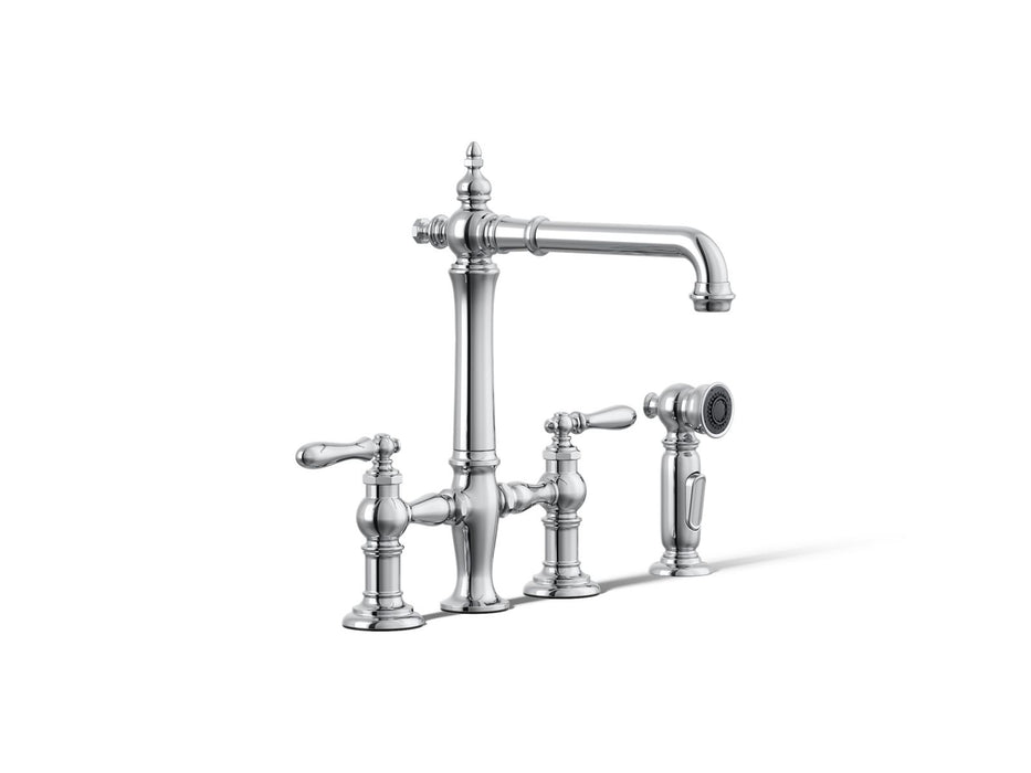 KOHLER K-76519-4 Artifacts Three-hole bridge kitchen sink faucet with side sprayer