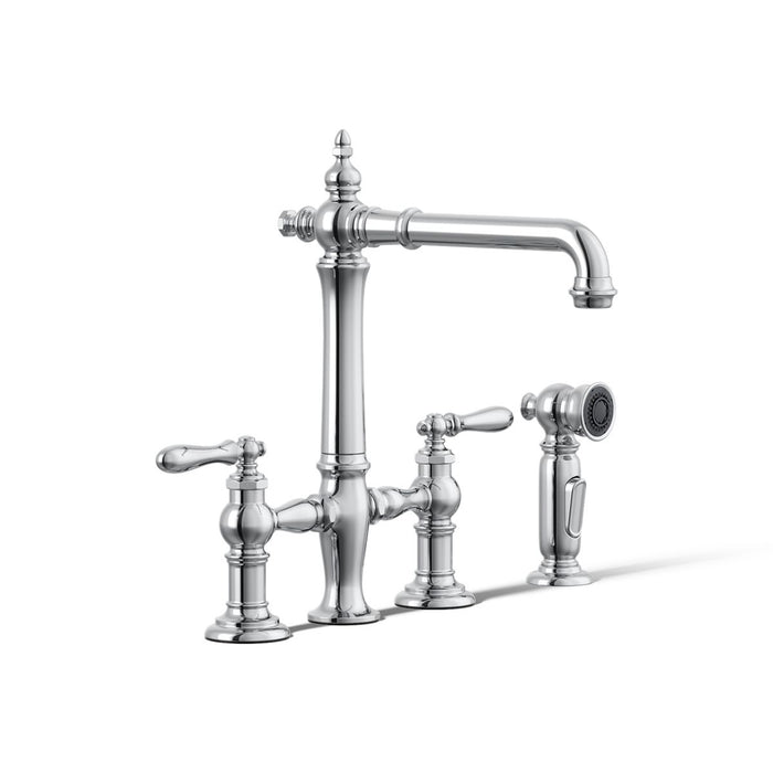 KOHLER K-76519-4 Artifacts Three-hole bridge kitchen sink faucet with side sprayer