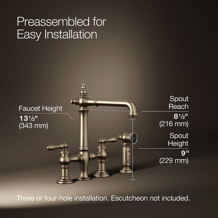 KOHLER K-76519-4 Artifacts Three-hole bridge kitchen sink faucet with side sprayer