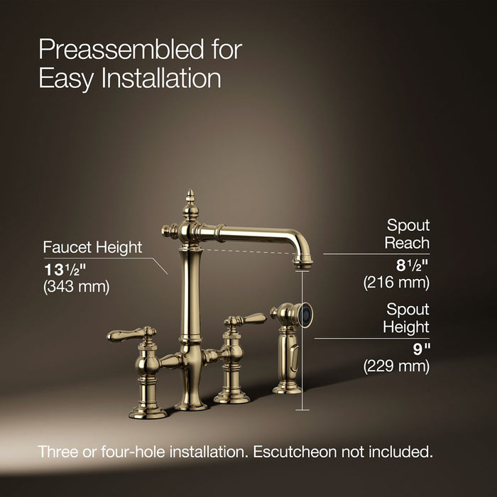 Kohler Artifacts Three-hole bridge kitchen sink faucet with side sprayer
