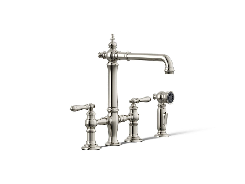 KOHLER K-76519-4 Artifacts Three-hole bridge kitchen sink faucet with side sprayer