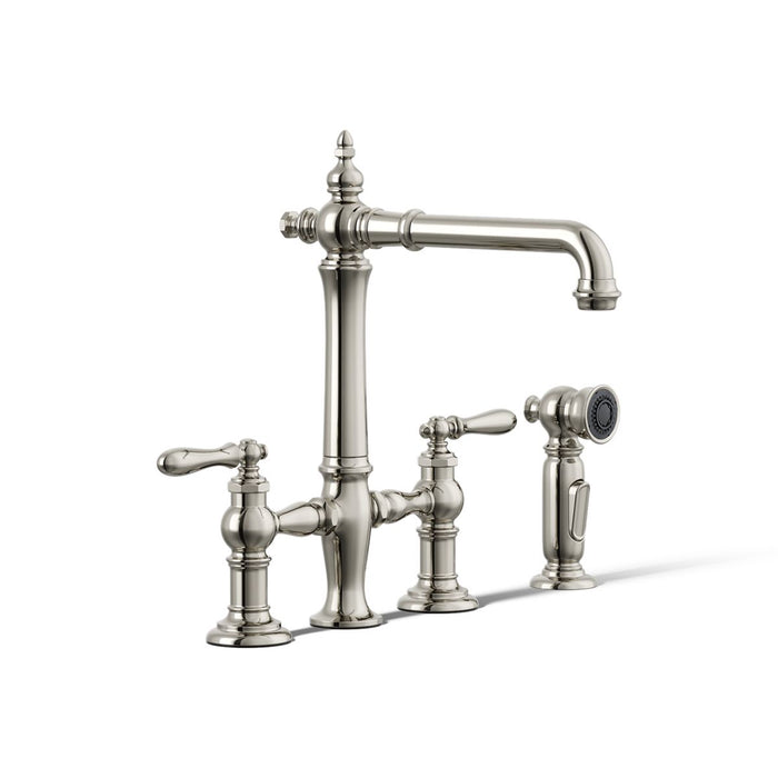 KOHLER K-76519-4 Artifacts Three-hole bridge kitchen sink faucet with side sprayer